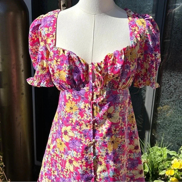 Cottagecore Pink Floral Print Puffed Sleeve Button Down Smocked Babydoll Dress S - Picture 4 of 15